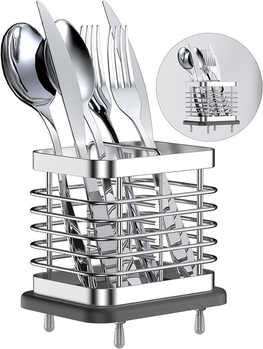 Utensil Holder for Kitchen Counter, Small Stainless Steel Cutlery Holder Organizer with Drying Diatomaceous Earth Base, 2 Slots Utensil Drying Rack Spoon Fork Organizer Crock Storage, Sliver
