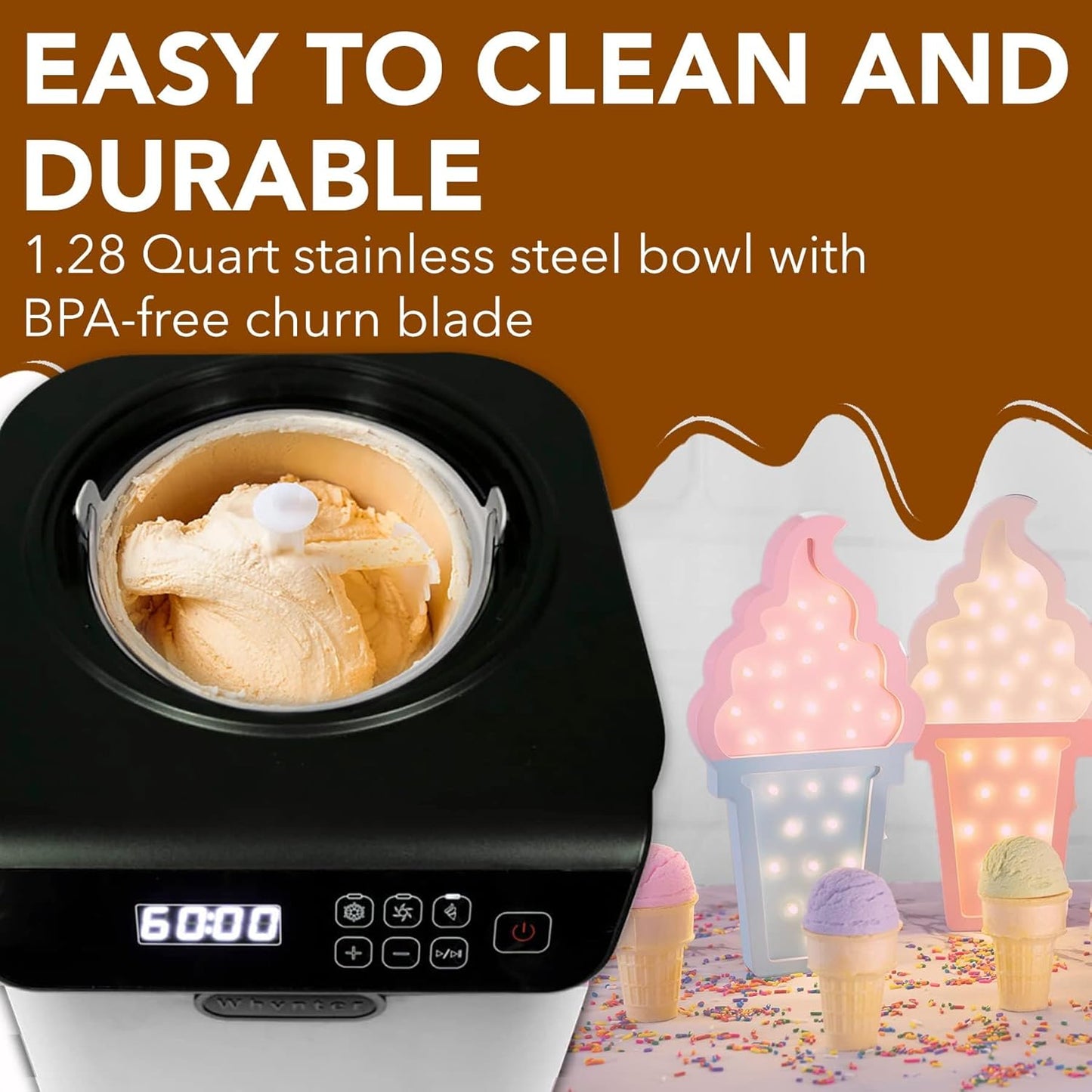 Whynter Ice Cream Maker Machine Automatic 1.28 Qt Upright with Built-in Compressor, LCD Digital Display & Timer, No Pre-Freezing, ICM-128WS, White