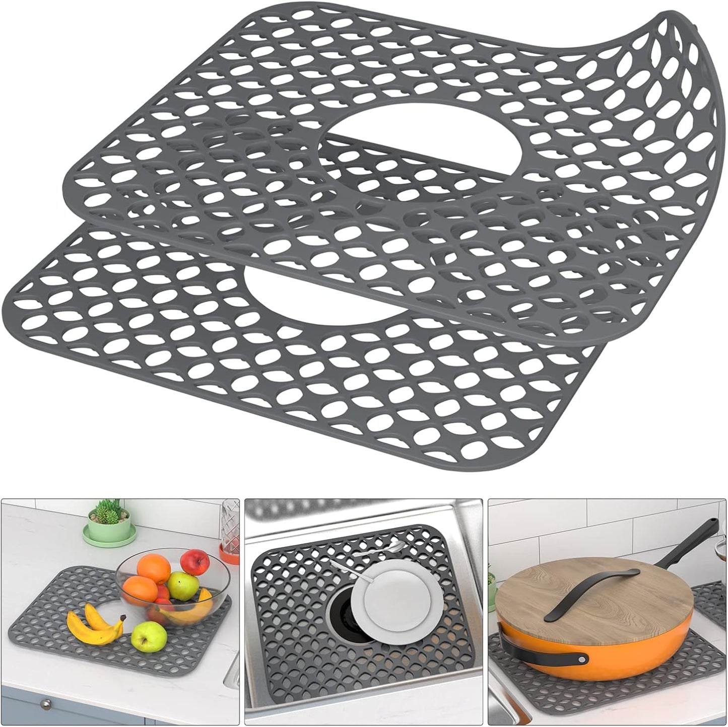 Kitchen Sink Mats, TOOVEM 2PCS Non-Slip Heat Resistant Silicone Sink Protector Mat for Bottom of Stainless Steel Porcelain Sink, Folding Farmhouse Rear Drain Sink Mats, Center Drain