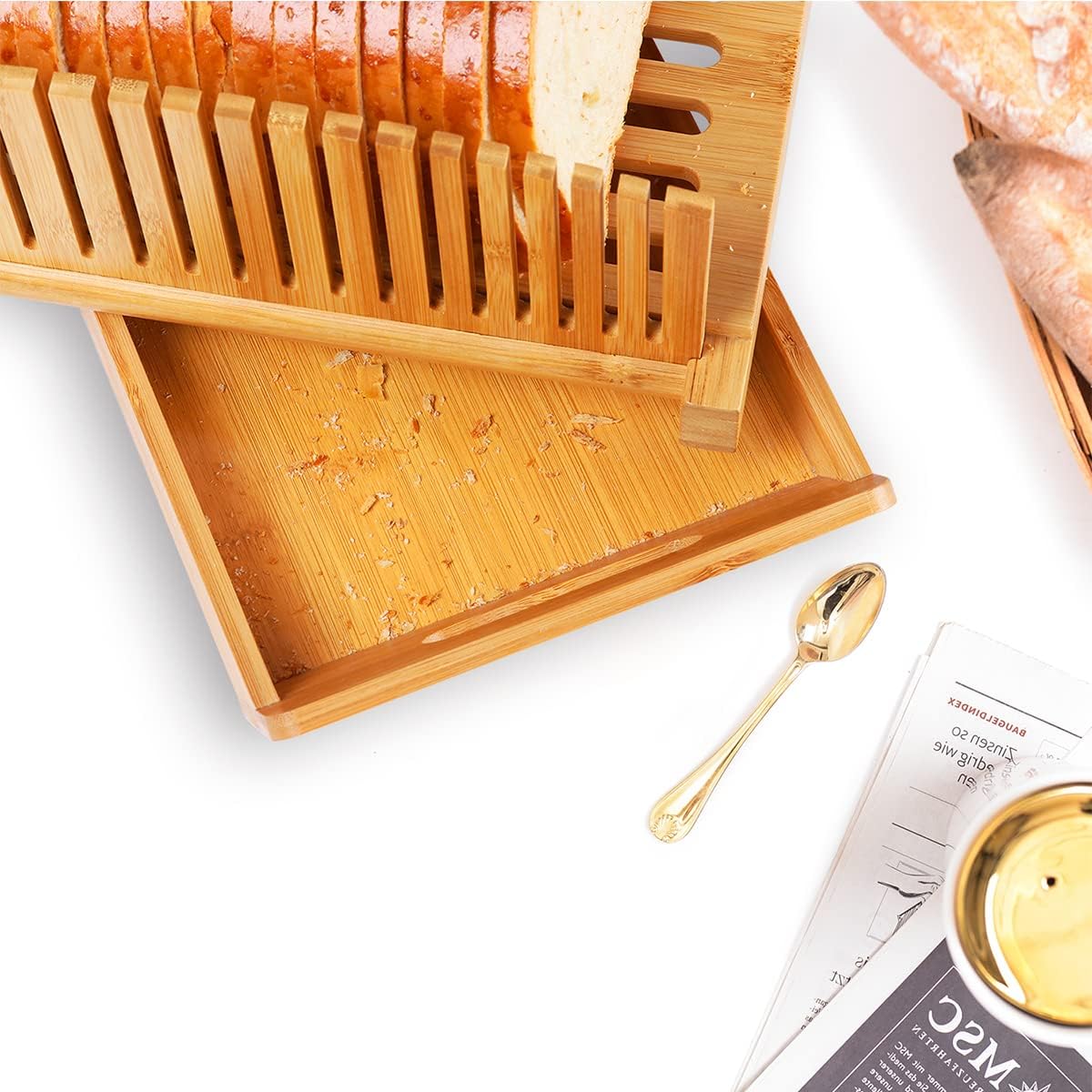 Bread Slicer for Homemade Bread, Bamboo Loaf Cutter with Knife and Crumb Catcher, Adjustable Foldable and Compact Cutting Guide 3 Size Slicing Guide