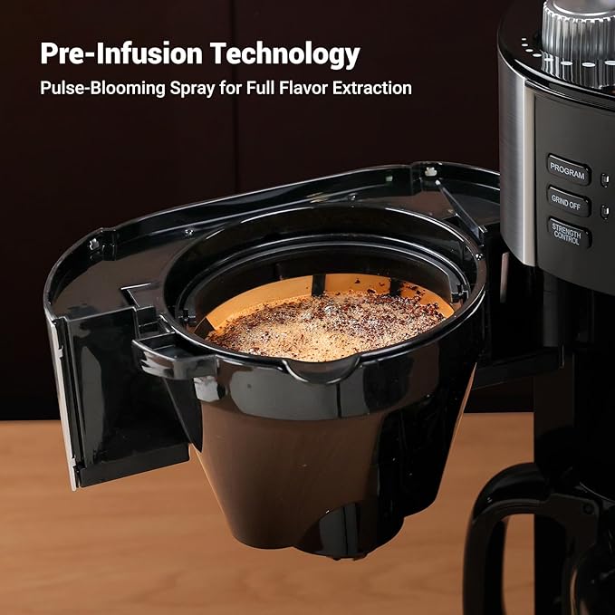 Gevi 10-Cup Drip Coffee Maker with Built-in Burr Grinder & Programmable Timer, 1.5L Water Tank, Auto Keep-Warm, Reusable Filter - Fresh Ground Coffee Machine (Black)