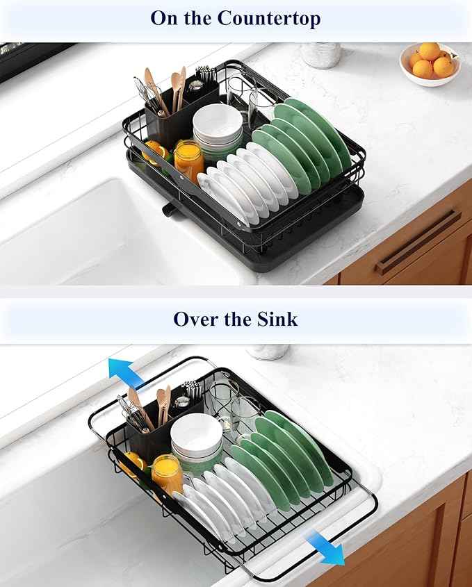 Kitsure Dish Drying Rack for Kitchen Counter, Stainless Steel Sink Organization and Storage Essentials with Cutlery Holder, Home and Appartment Decor, 12.2''W x 15.7''~23''L, Black