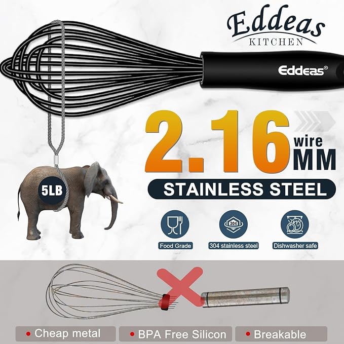 Silicone whisk, Non scratch coated whisk for cooking 7+9+11inch whisks and 3pcs 5+6+7inch 304 stainless steel small whisks, Suitable for Beating, Blending, great for cooking and baking.
