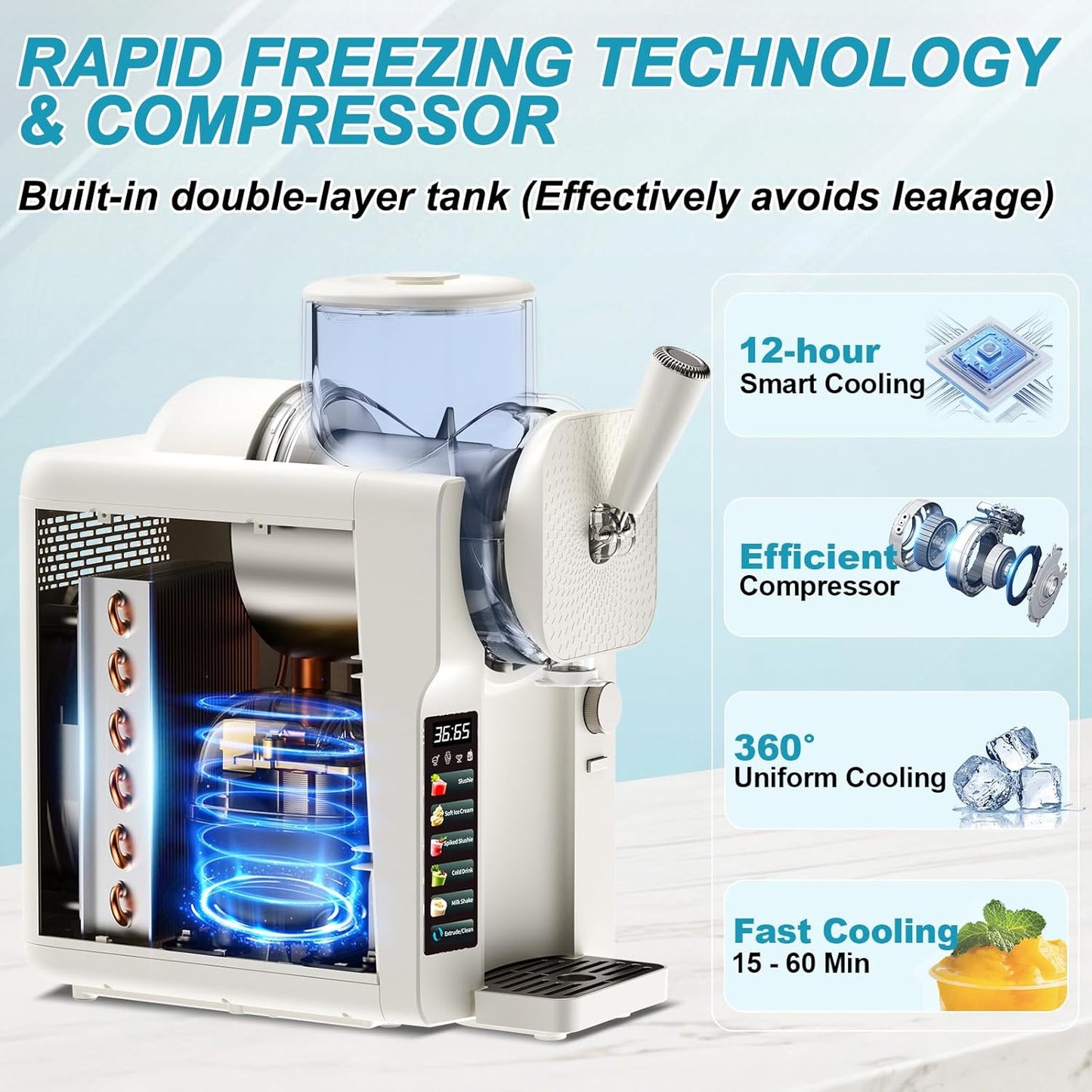 Ice Cream Maker, Slushie Machine for Home, Slushy Machine 70 oz Margarita Machine with 6 Preset Programs for Ice Cream, Smoothie, Milkshake, Cocktail, Frappés, 9-Level Adjustable Thickness, White