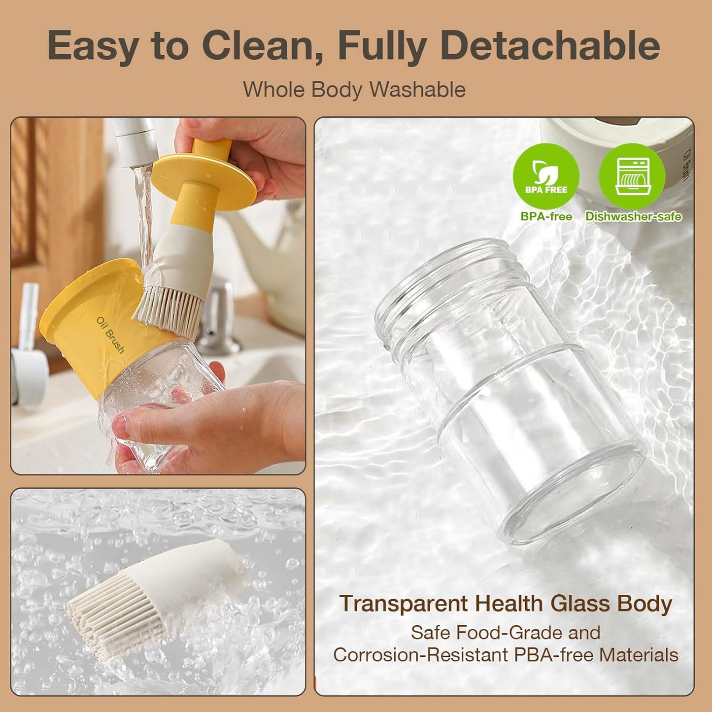 YARRAMATE 300ml /10oz Oil Dispenser with Brush - Glass Oil Bottle for Kitchen with Silicone Heat Resistant Basting Brush - Cooking Brush for Vinegar Sauce BBQ Grill Frying -Orange