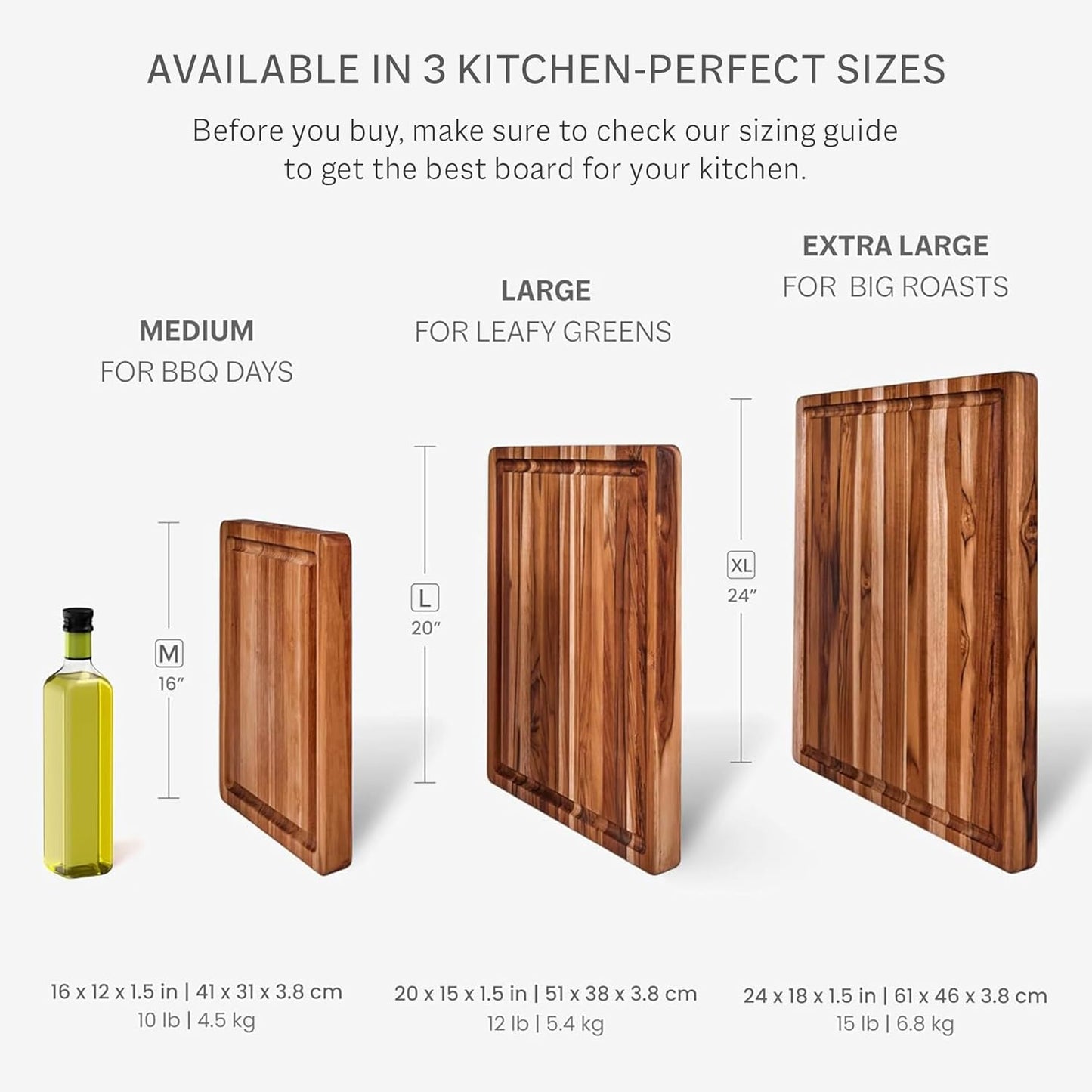 Teakhaus Cutting Board - Small (S) Wood Cutting Board with Juice Groove and Grip Handles - 16”L x 12”W - Thin, Lightweight, Reversible Teak Edge Grain Wood - Knife Friendly - FSC Certified