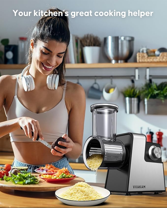 Electric Cheese Grater,5-In-1 Electric Grater,300W Salad Maker,Electric Slicer with One-Touch Control,Food Electric Slicer Shredder,Graters for Kitchen for Vegetables Cucumber Carrots Cabbage Nuts