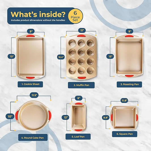 Perlli Baking Kit: Nonstick Gold Steel Oven Set - 6 Pieces, Round Cake Pan, Loaf Pan, Square Pan, Muffin Pan, Cookie Sheet, Roaster - Silicone Handles