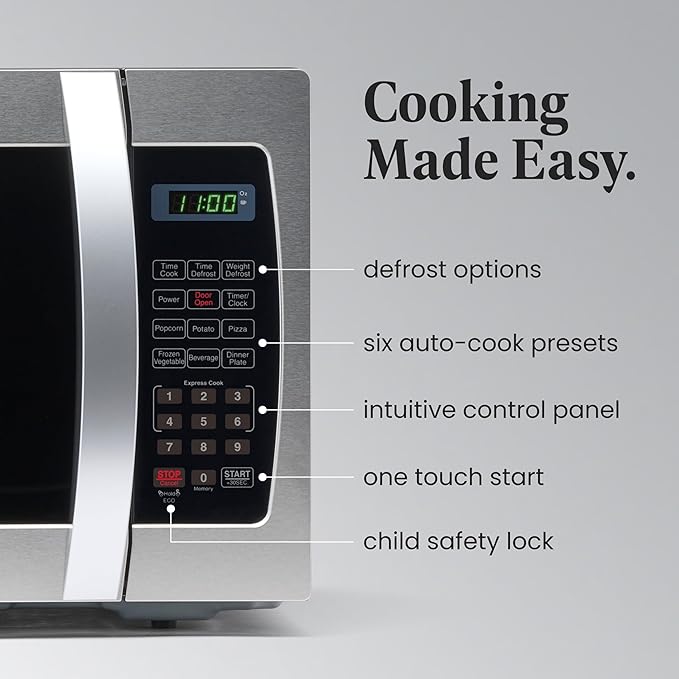 Farberware 1.3 Cu. Ft. Countertop Microwave Oven – 1000 Watts Power, Auto Cook Settings, Defrost, Easy Clean and Child Safety Lock - Stainless
