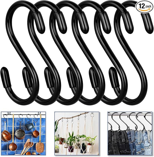 Vinyl Coated S Hook, Hanging Plants,Non Slip,Small Rubber Coated Steel Metal Black Closet S Hook for Hanging Jeans Plants Jewelry Pot Pan Cups Towels (6, 5 Inch+Black + Vinyl Coating)