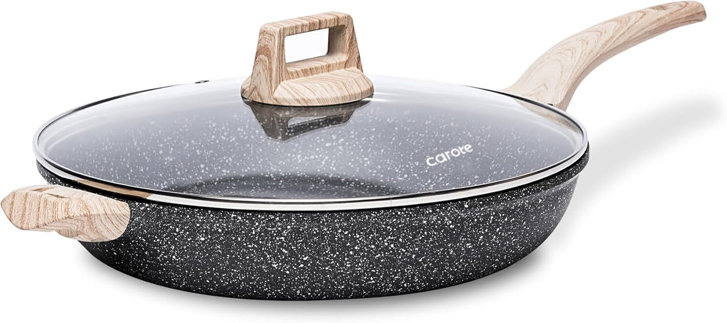 CAROTE Non Stick Frying Pan Skillet,12.5" Nonstick Skillet with Glass Lid, Granite Cookware Chef's Pan, PFOA Free (Classic Granite, 12.5-Inch)