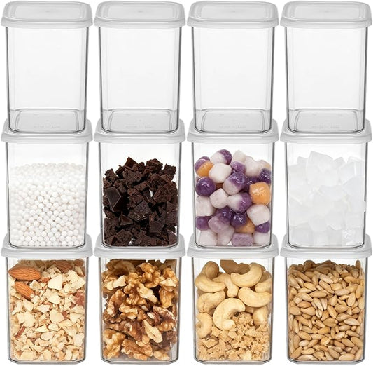 novelinks Clear Plastic Jars with Lids, Reusable Empty Square Storage Containers for Household and Kitchen Organizing (12 Pack Medium)