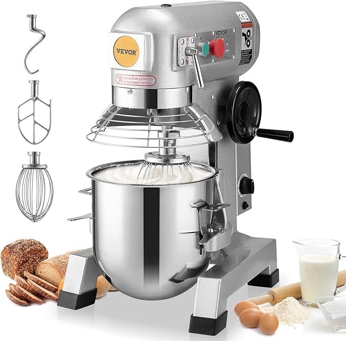 VEVOR Commercial Mixer, Commercial Food Mixer 10Qt Stainless Steel Bowl, 450W Commercial Stand Mixer with 3 Speeds Adjustable, Dough Hook Whisk Beater Included, Perfect for Bakery Pizzeria, Silver