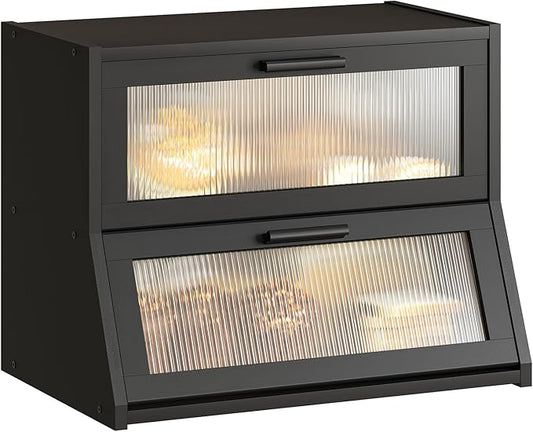 GHWIE Double Layer Bamboo Bread Box for Kitchen Counter,Large Capacity Bread Storage Bin,Bread Container with Acrylic Wavy Door Panel (Black, Medium)