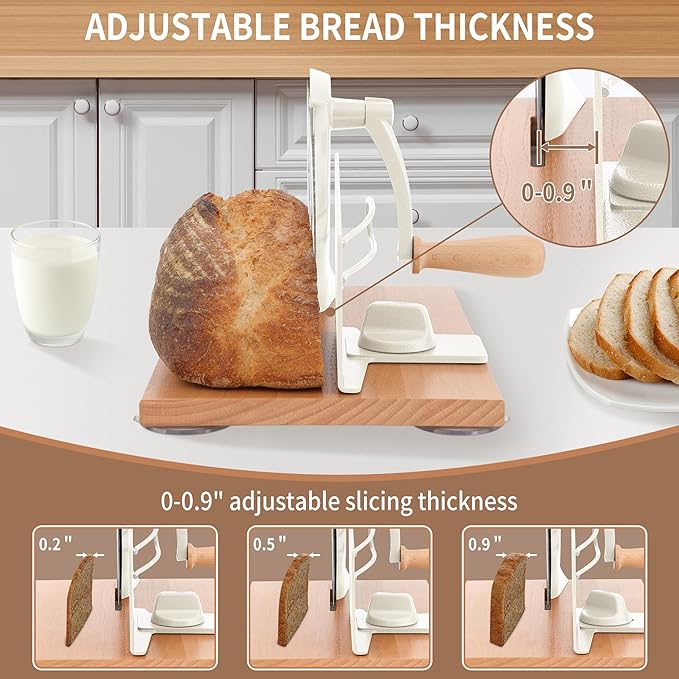 CAWIU Manual Bread Slicer with Hand Crank- Adjustable Thickness Bread Cutter for Even Slices, Perfect for Homemade Sourdough, Sandwich, and More, Cream