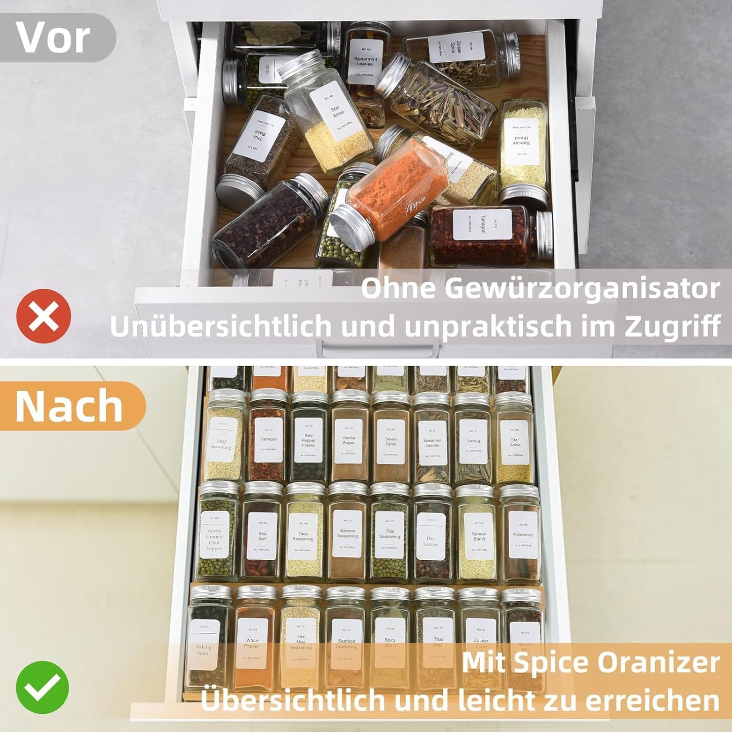Spice Drawer Organzier,4 Tiers- 8Pcs Bamboo Spice Rack Tray Insert for Cabinet Drawer Countertop, Kitchen Seasoning Storage Drawer Organization,22" Wide x 15.8" Deep （Hold UP To 48 Jars