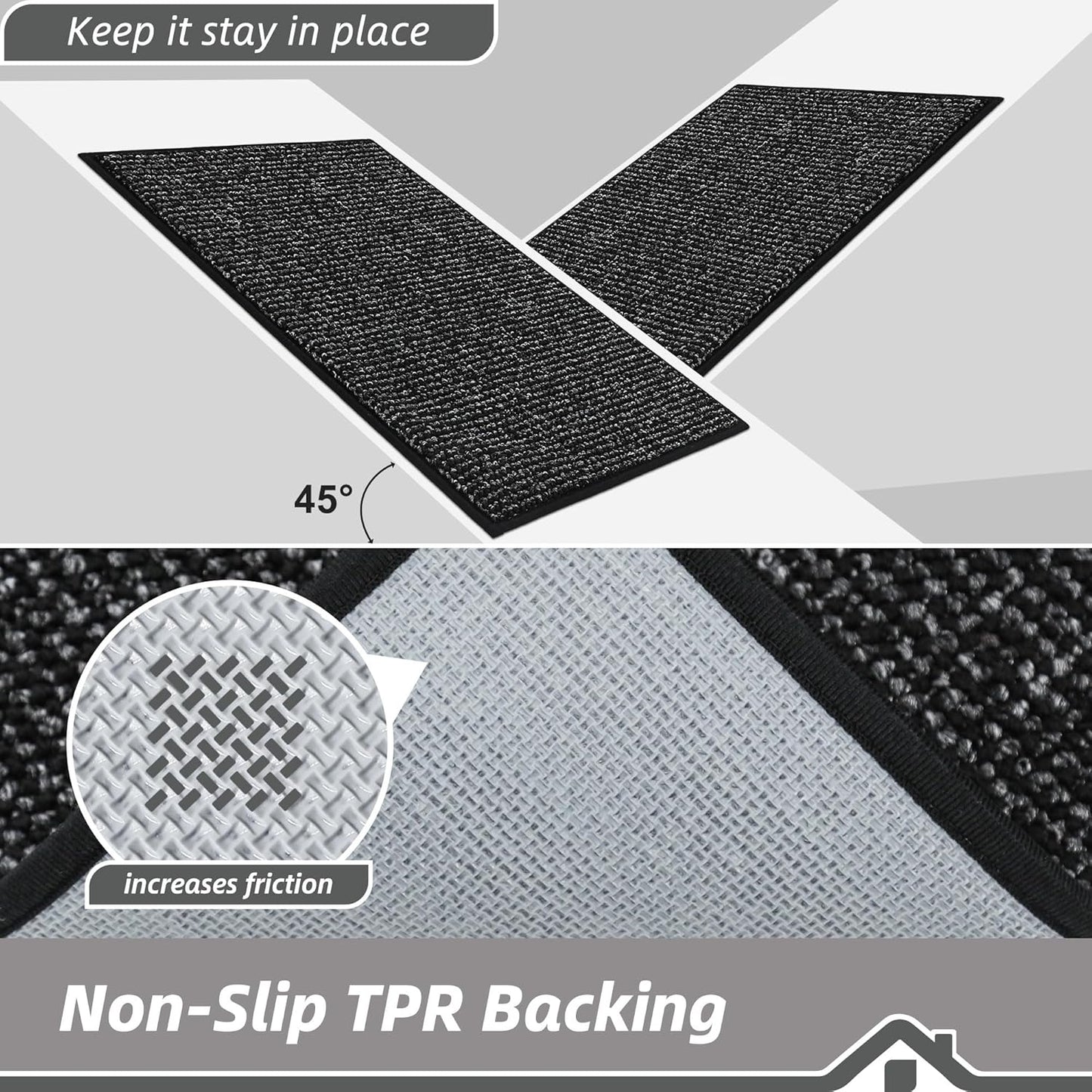 BEQHAUSE Kitchen Rugs and Mats 2PCS, Non-Slip Kitchen Mats for Floor, Absorbent and Stain Resistant Kitchen Runner, Machine Washable Rugs for Kitchen, Laundry & Sink, 24"x36"+24"x60", Black