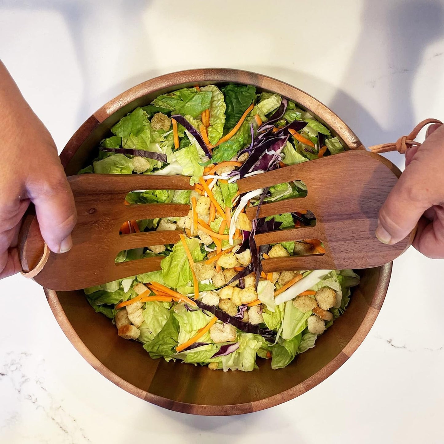 Acacia Wood 10” Salad Serving Bowl with Salad Hands 3 Piece Set by Woodard & Charles ★★PACK OF 4★★