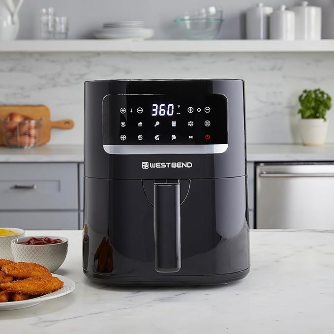 West Bend Compact Air Fryer 5-Quart Capacity with Digital Controls LCD Display and 10 Cooking Presets with Shake Reminder, Nonstick Frying Basket, 1500-Watts, Black