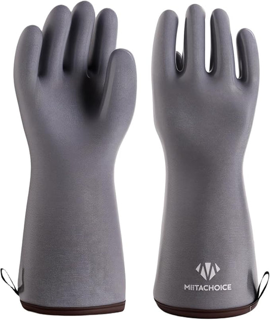 XXL Liquid Silicone BBQ Gloves - Heat Resistant Gloves for Grilling 662°F, 13.8" Extra Long Waterproof Smoker Oven Mitts with Cotton Liner, Meat Handling Accessories for Big Hands, Grey