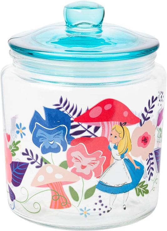Silver Buffalo Disney Alice in Wonderland Flowers and Mushrooms Glass Cookie Snack Candy Jar with Lid (Small)