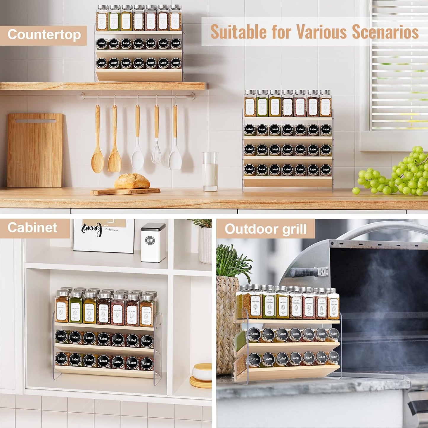 MUDEELA Clear Spice Rack Organizer for Cabinet, 3 Tiered Vertical Spice Shelf, Wooden Seasoning Organizer for Countertop, Kitchen, Pantry, Freestanding, 13.3" W × 11.2" H (No Jars Included)