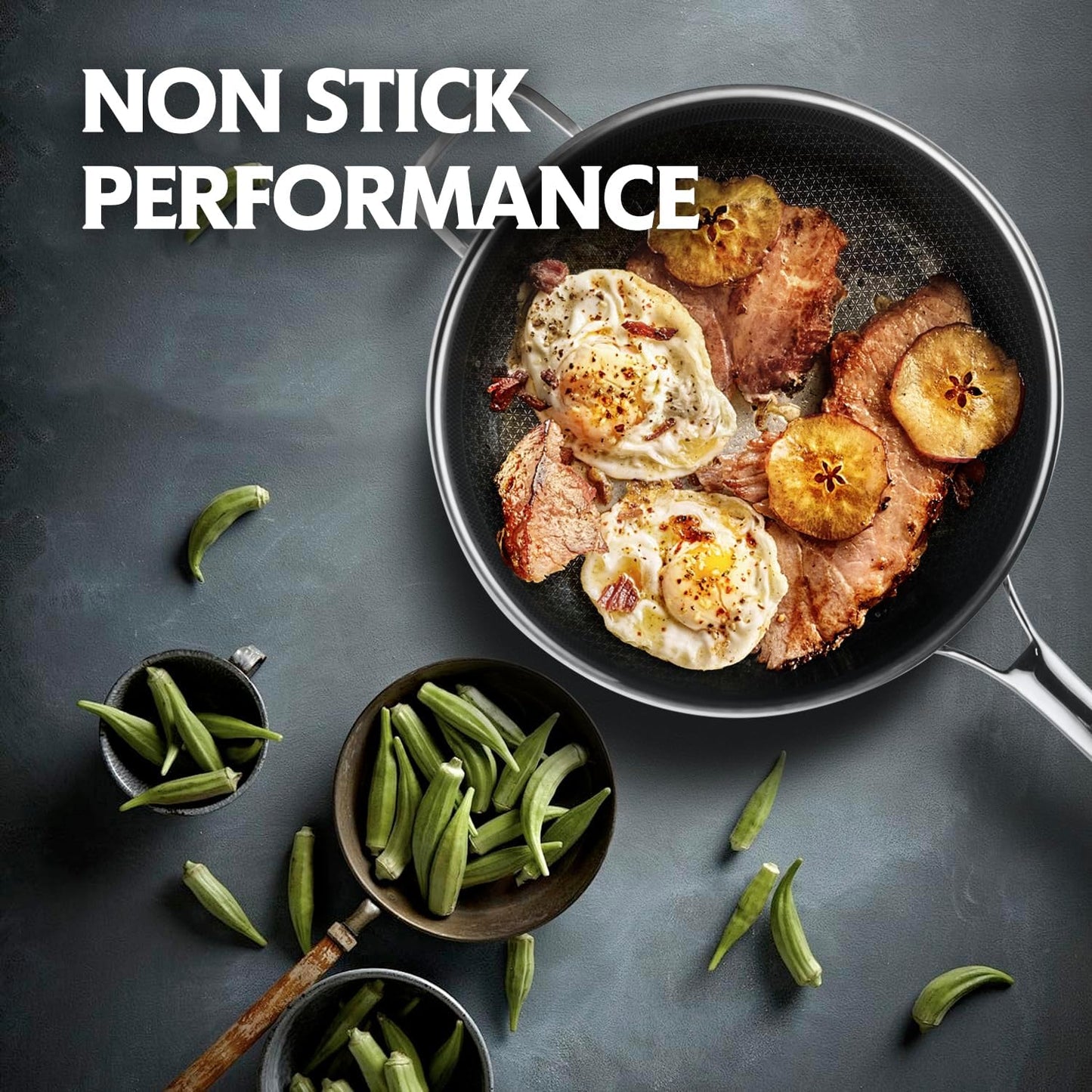13 Inch Hybrid Stainless Steel Wok with Lid and Steamer Basket, Non Stick Stir Fry Pan, PFOA-Free, Works on Induction, Dishwasher & Oven Safe