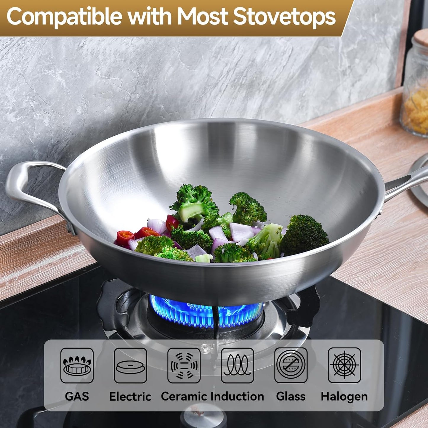 LOLYKITCH 12 Inch Tri-Ply Stainless Steel Wok Pan with Lid, Stir-Frying Pan,Induction Cooking Pan,Dishwasher and Oven Safe,Heavy Duty and Detachable Handle.