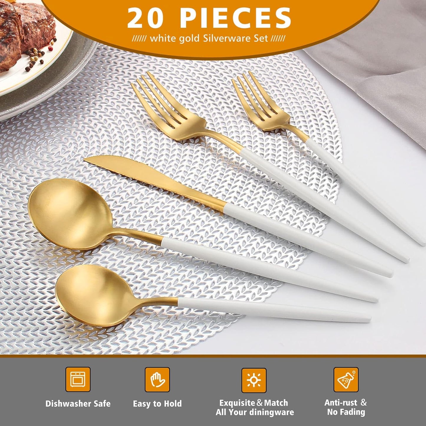 Matte White Gold Silverware Set, Oliviola 20-Piece Stainless Steel Flatware Cutlery Set Service for 4, Satin Finish Kitchen Utensil Set, Dishwasher Safe