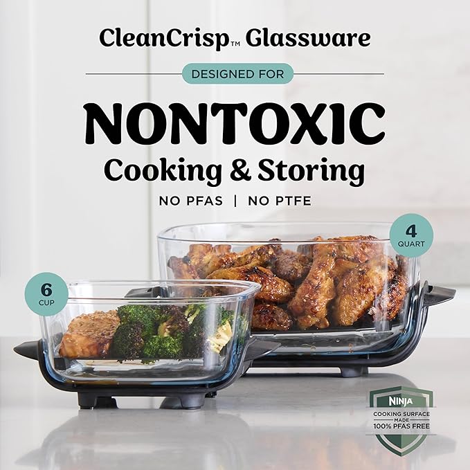 Ninja Crispi 4-in-1 Glass Air Fryer | 450°F | Non-Toxic | 4QT & 6-Cup Glass Containers w/Lids | Microwave, Freezer, Dishwasher Safe | Max Crisp, Air Fry, Bake, Recrisp | Cyberspace Gray, FN101GY