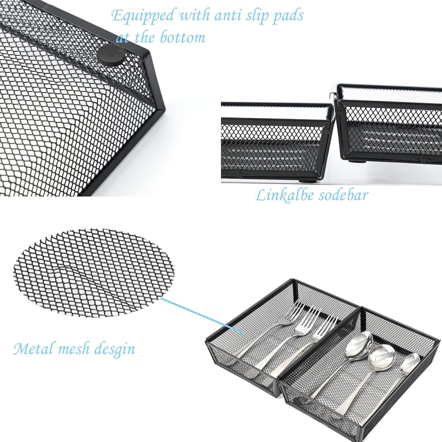 Mesh Tray Kitchen Drawer Utensil Cutlery Tray Office Supplies with Inter-locking Arm Drawer Dividers Organizer for Silverware, Flatware, Home,Office, School,Bedroom(9＂X6＂4pack) Black