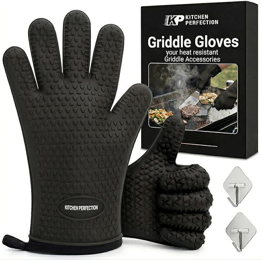 KITCHEN PERFECTION Silicone Oven & Griddle Gloves -Extreme Heat Resistant BBQ & Grilling Gloves -Handle Hot Food Right on Your Griddle |Waterproof Oven Mitts Grill Gloves |Superior Set+3 Bonuses