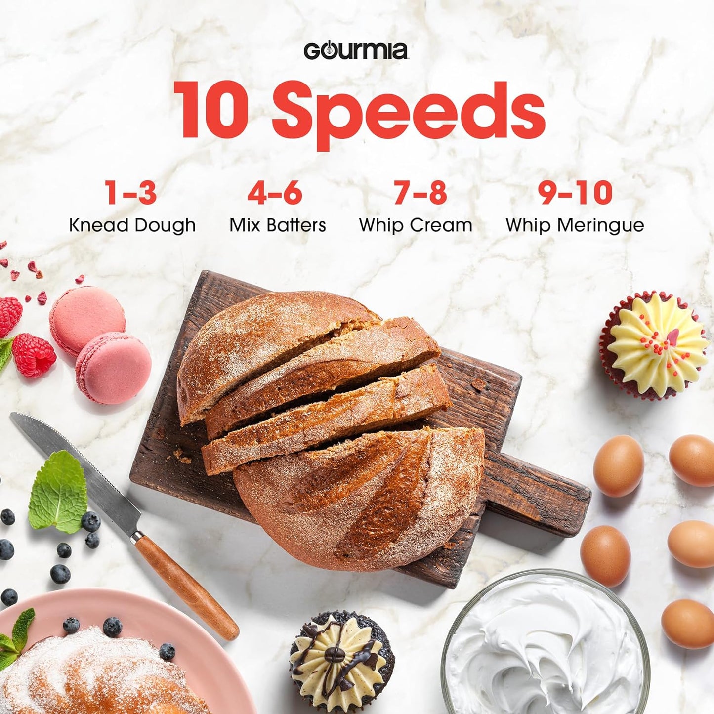 Gourmia 5 Quart Digital Electric Stand Mixer with Attachments, Bowl Shield, Dough Hook, Whisk and Beater - LED Display Timer - 10 Speed Kitchen Countertop Dough Maker Machine for Bread, Cake, Cookies