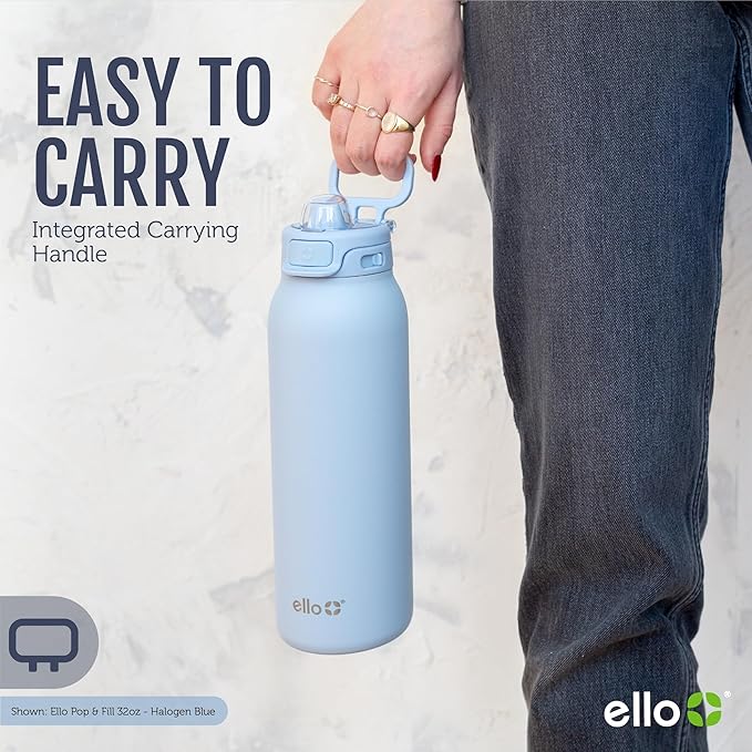 Ello Pop & Fill 40oz Stainless Steel Water Bottle with Quick Fill Technology, Double Walled and Vacuum Insulated Metal, Leak Proof Locking Lid, Sip and Chug, Reusable, BPA Free, Tonal Black