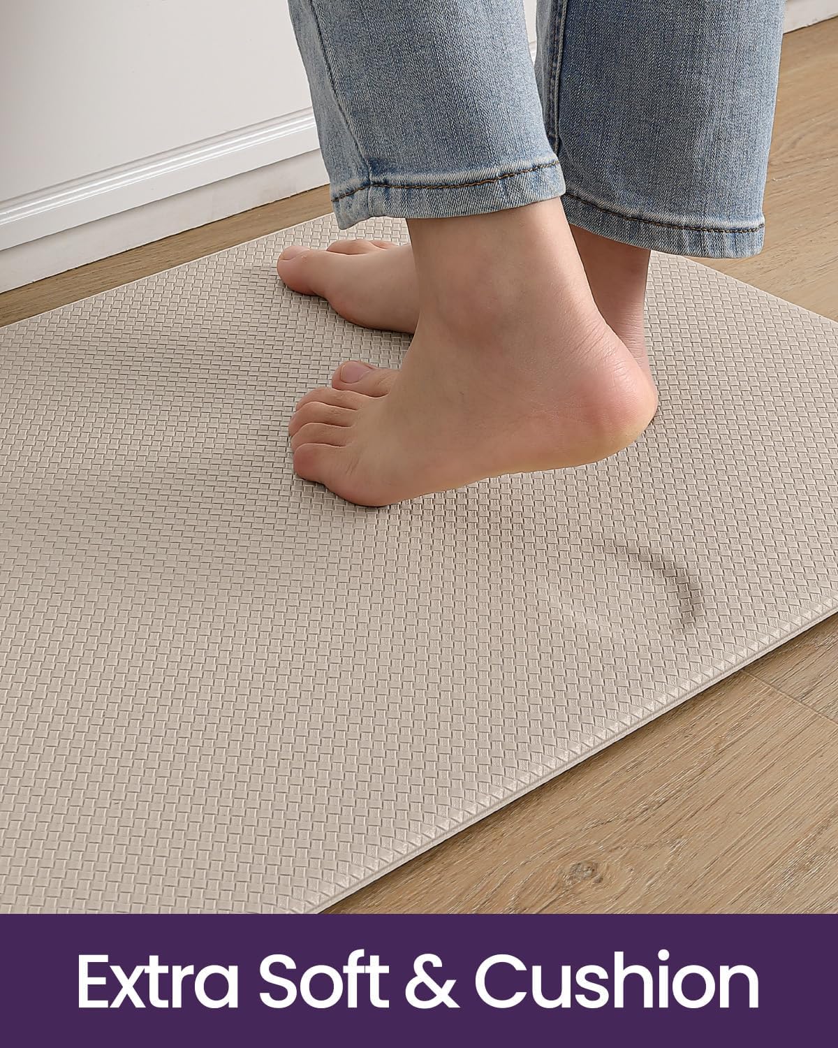 DEXI Kitchen Floor Mats Cushioned Anti Fatigue,17x29+17x59, Standing Runner Rug Waterproof, Comfort Memory Foam Padded for Front Sink Laundry Set of 2, Beige