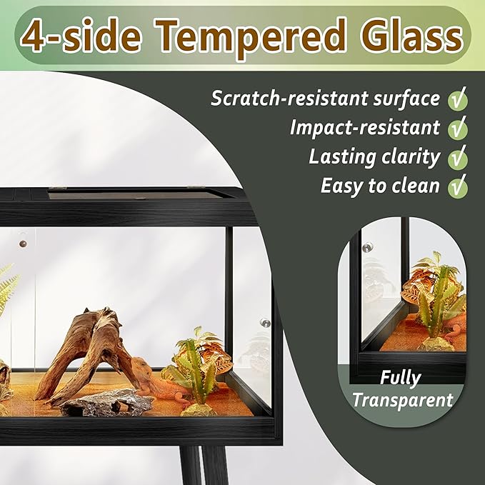 PROLEE Tempered Glass Reptile Enclosure with Leg,48“ Scratch-Proof Bearded Dragon Tank,79 Gallon Lizard Tank with Metal Mesh Tops and Lockable Door,Spacious Reptile Habitat for Snake,Lizard (Black)
