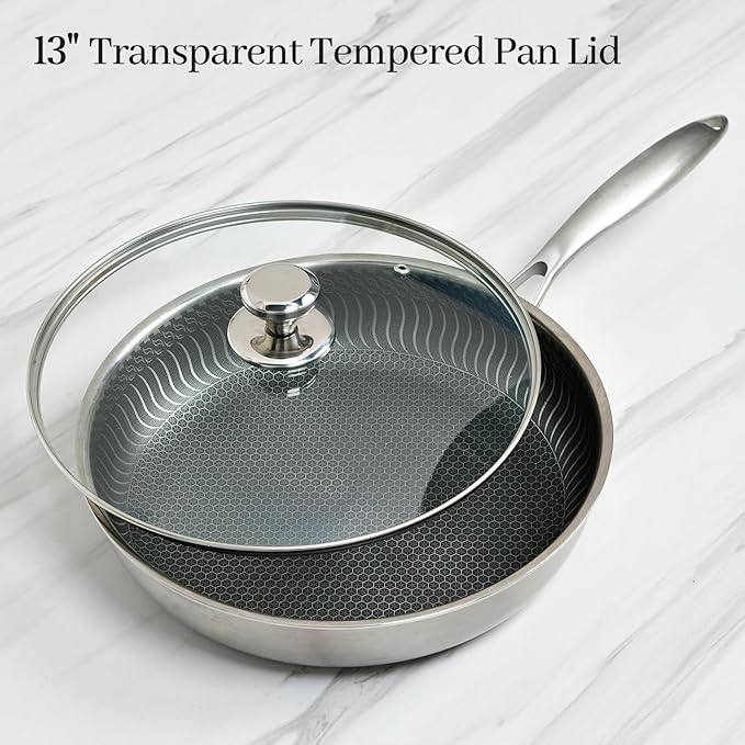 13 In Glass Lid for Frying Pan, Tempered Replacement Cover Compatible with All 13 inches Cookware for Skillets, Round Cast Iron, Cast Aluminium, Stainless Steel Pans &Pots