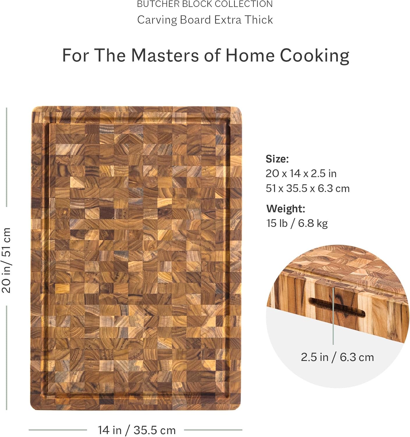 Teakhaus Butcher Block Carving Board - Large Extra Thick Cutting Board with Juice Groove and Grip Handles - Teak End Grain Wood - Knife Friendly - FSC Certified