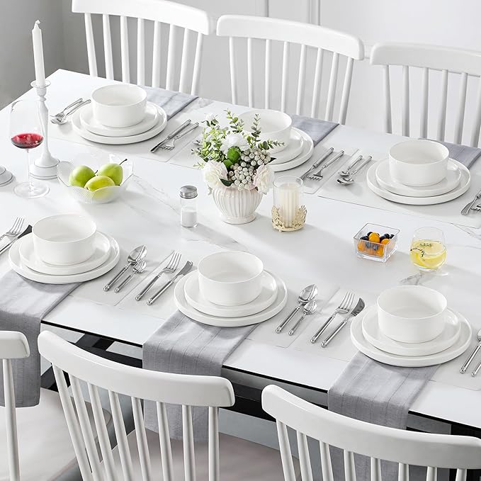 MALACASA 24 Pieces Porcelain Dinnerware Set, Modern White Dish Set for 8, Premium Serving Plates and Bowls Sets, Chip and Scratch Resistant Dishware Sets Kitchen Dishes Dining Ware Set, Series LEAH