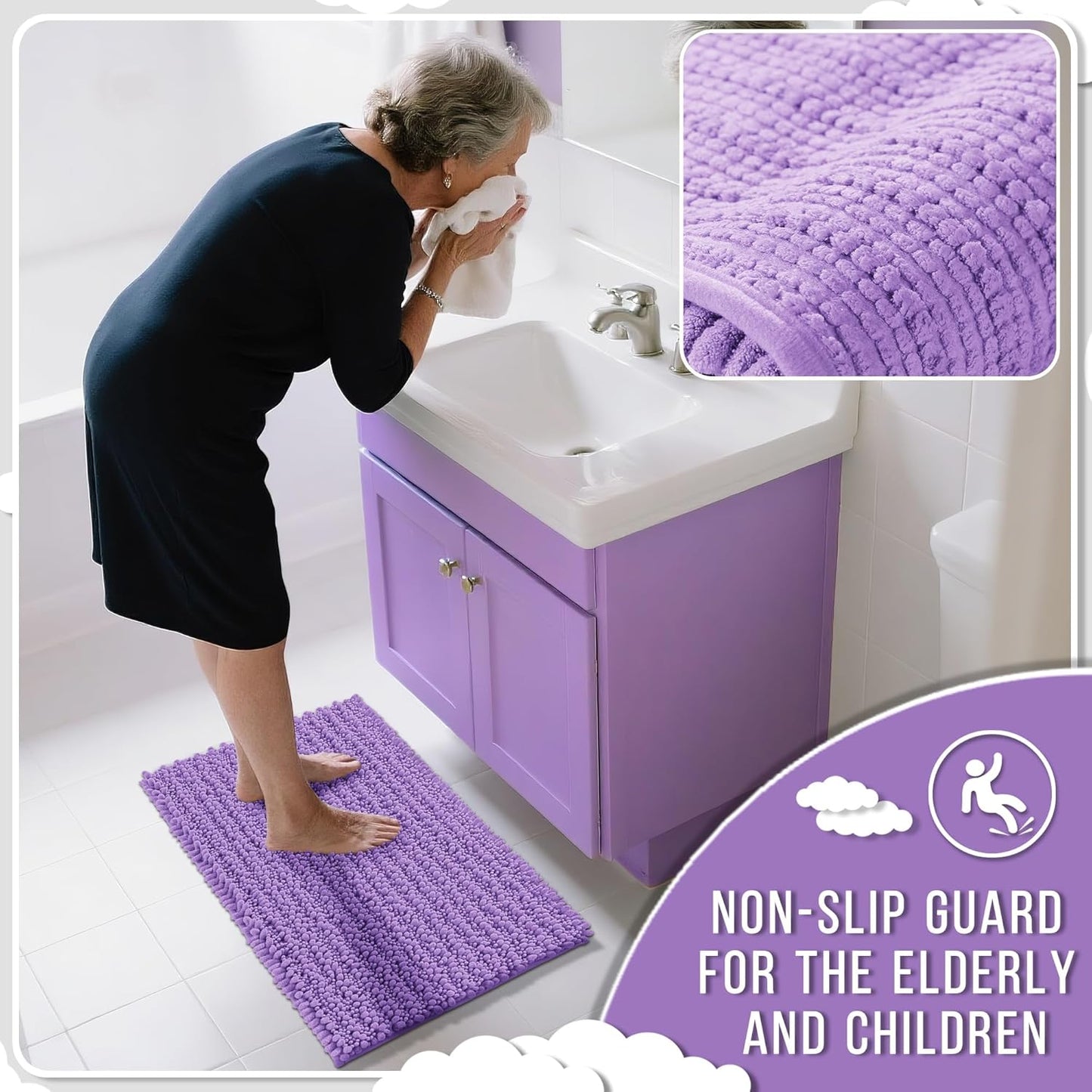 Yimobra Bathroom Rugs Non Slip Washable 32x20 Inch - Ultra Soft Absorbent Chenille Bath Mat, Quick Dry Shaggy Floor Carpet for Tub Shower, Lavender Home Decor Accessories