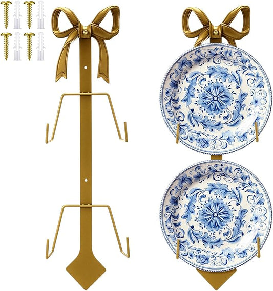Zonon 1 Pack Gold Bow Plate Holder for Wall Bow Knot Iron Easel Display Rack Wall Mount Metal Plate Hanger Stand for Hanging Photo Frame Art Plaque for Cabinet Kitchen Counter Bar Cafe (18.5 x 7 Inch)