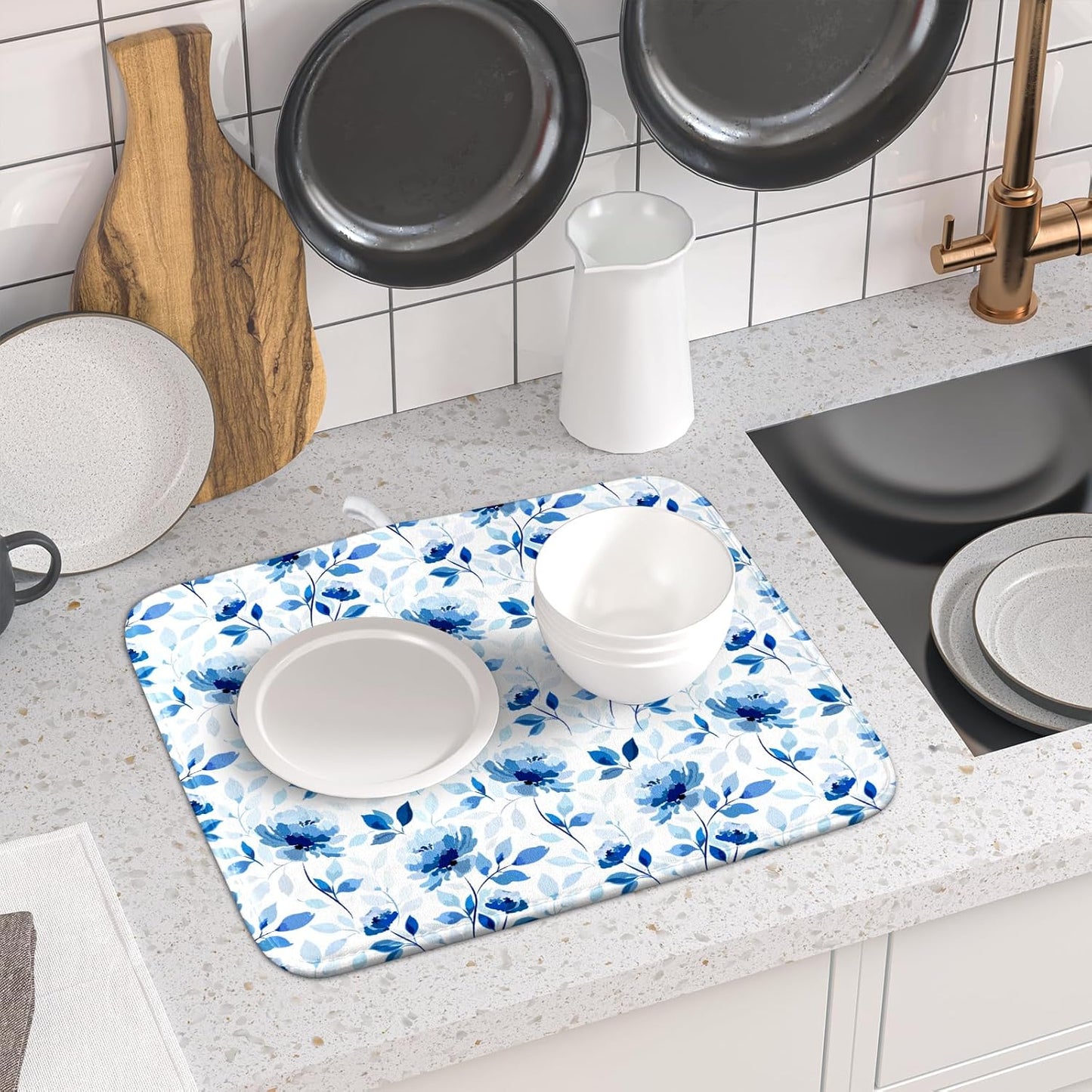 Blue Floral Dish Drying Mat 16x18 inch Flower Leaves Dish Rack Pad Microfiber Washable Dishes Drainer Pad Kitchen Countertop Accessories