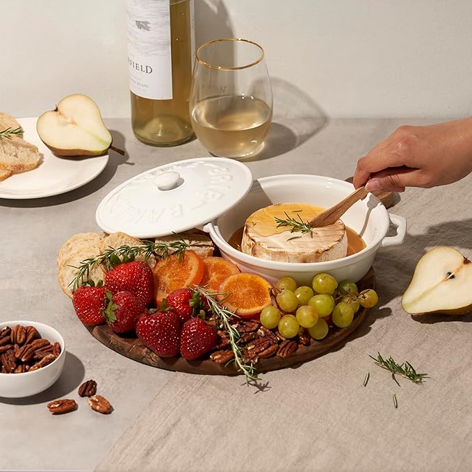 Twine Ceramic Brie Baker with Acacia Wood Spreader, Brie Baking Dish with Lid, Brie Cheese Baking Dish, Ceramic Bakeware, White, Set of 1