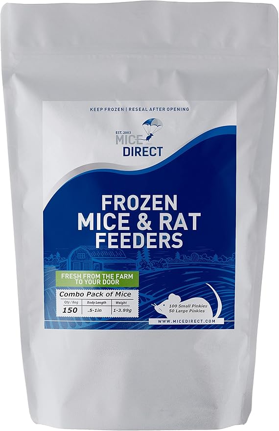 MiceDirect Frozen Mice Combo Pack of Small Pinkies & Pinkies Feeder Mice - Food for Corn Snakes, Ball Pythons, Lizards & Pet Reptiles-Freshest Snake Feed Supplies (0.5-1 in (Combo 100MSP & 50MLP))
