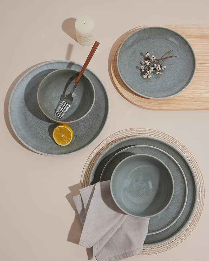 24 Piece Dinnerware Sets for 8, Modern Stoneware Plates and Bowls Sets, Perfect for Family Gatherings & Holiday Celebrations, Easy Cleaning Dishes, Stack Compactly Plate Set, Gradient Green