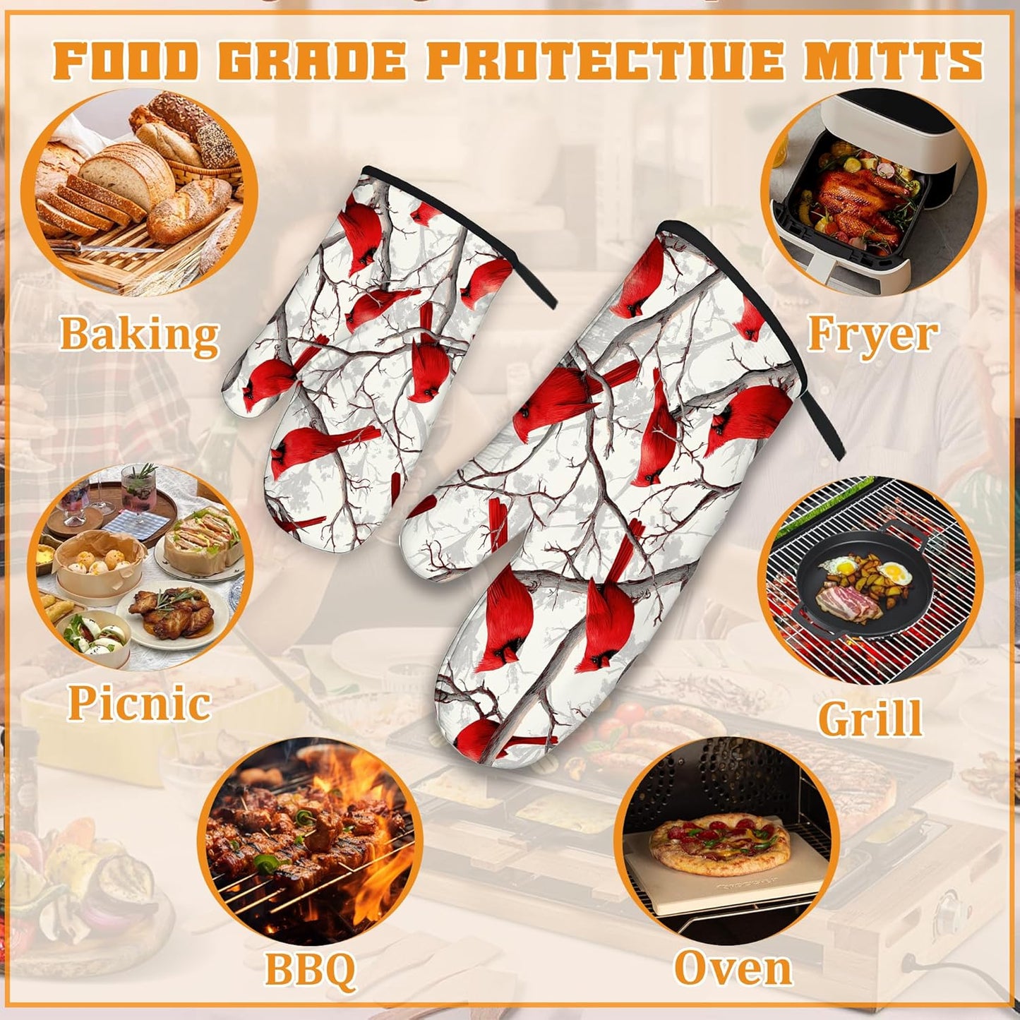 Red Cardinal Oven Mitts and Pot Holders Set,Christmas Winter Kitchen Oven Gloves and Pot Holder with Heat Resistant Non Slip for Cooking Baking Grilling(4 Piece Set)