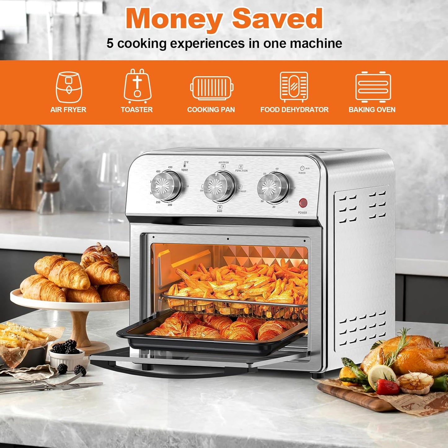 PlumChef 13 Quart 4 Slices Air Fryer Convection Toaster Oven, 1500W, Multifunction Oven for Roast, Bake, Grill, Broil, Toast（stainless steel）