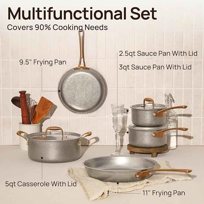 KOKHUB Pots and Pans Set 8 Pcs, Vintage Stainless Steel Cookware Set Non-Toxic, PFOA/PFOS/PTFE Free, Kitchen Cooking Set with Frying Pans, Saucepans, Oven & Dishwasher Safe, Induction Compatible