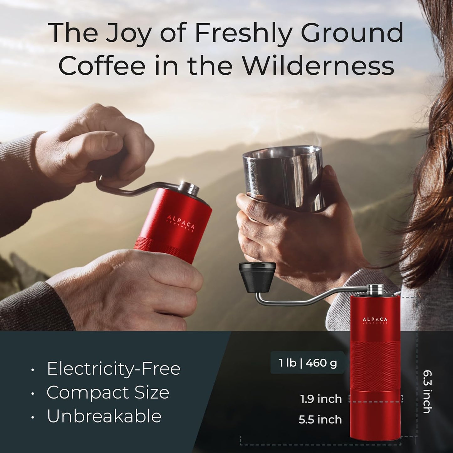 Manual Coffee Grinder by Alpaca Ventures - Stainless Steel Conical Burr Coffee Grinder Manual with Adjustable Setting Double Bearing Hand Espresso Grinder Perfect for Home, Office and Camping
