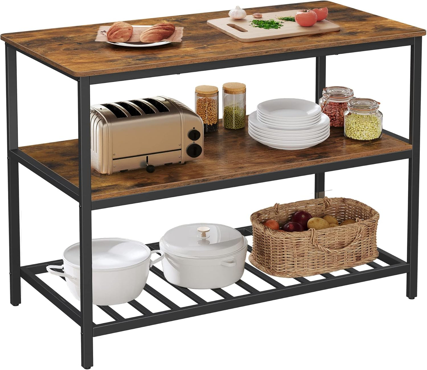 VASAGLE Kitchen Island with 3 Shelves, 47.2 Inches Width Kitchen Shelf with Large Worktop, Stable Steel Structure, Industrial, Easy to Assemble, Rustic Brown and Black UKKI01BX